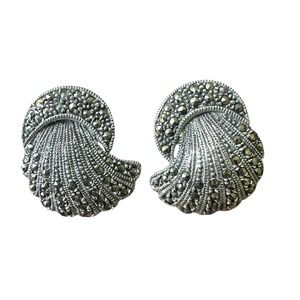 VTG Charles Winston CW Pierced Earrings 1" Marcasite 925 Sterling Art Deco Style